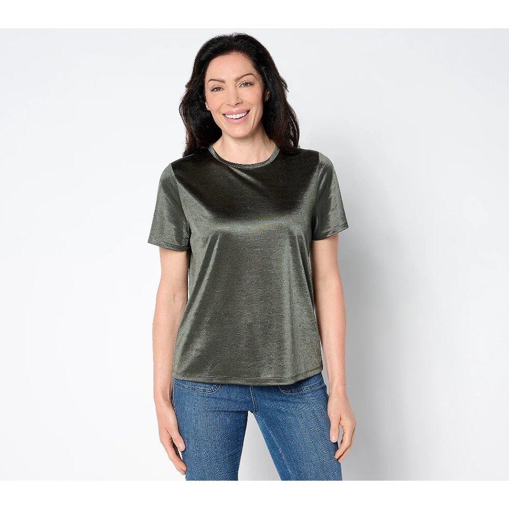 BEAUTIFUL by Lawrence Zarian Top Size XS Knit Satin Short Sleeve Tee Dark Forest